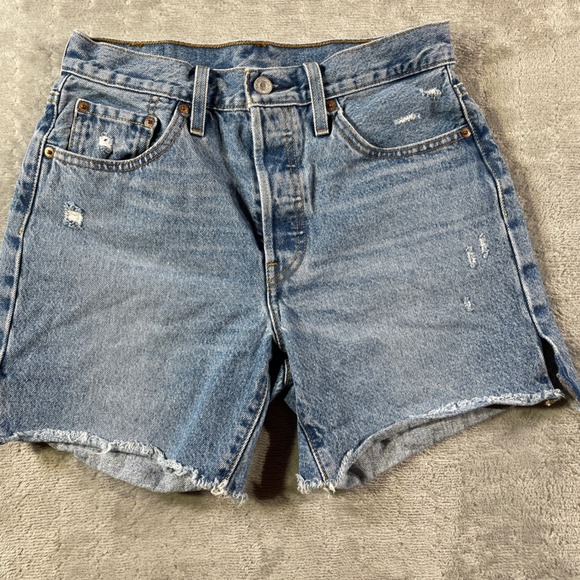 Levis 501 Jean Shorts Womens 27 Blue Distressed Cutoff Button Fly Denim - Picture 1 of 9